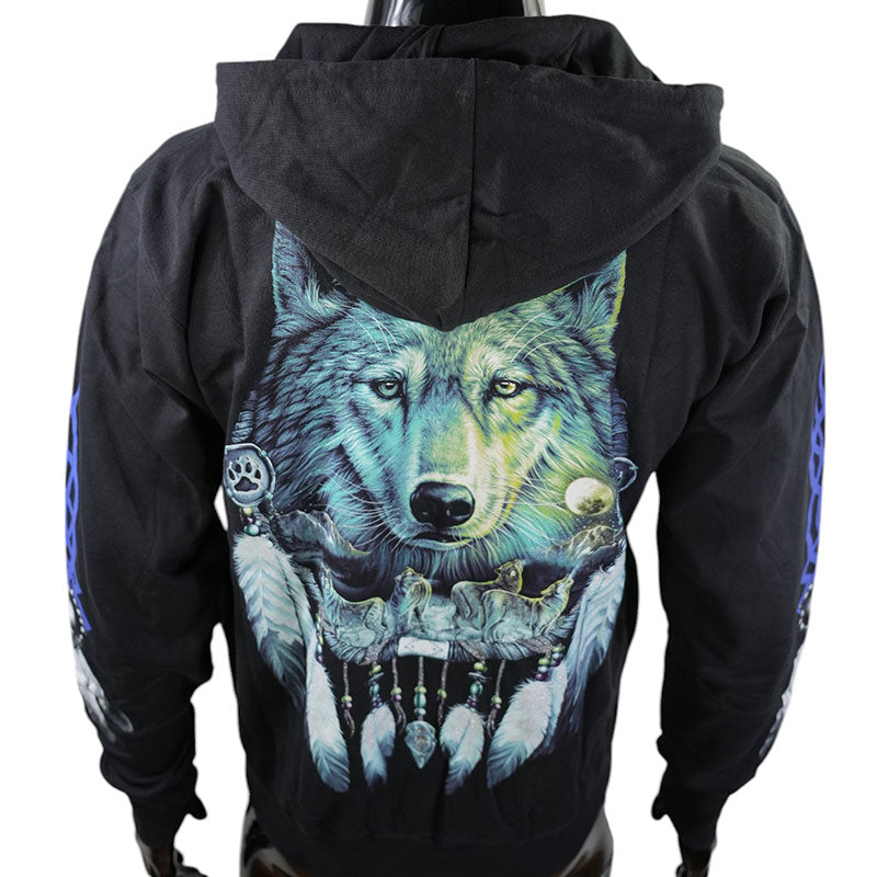 Zip-Hoodie mit Wolfsmotiv und Traumfänger – Ethno Spirit Design