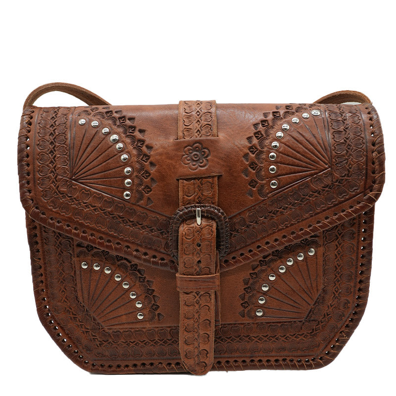 Handgeprägte Lederhandtasche mit Ethno-Muster & Nieten