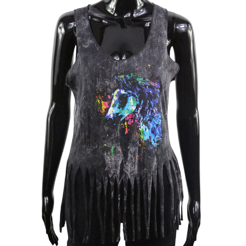 Pferde-Top Schwarz – Buntes Aquarellmotiv