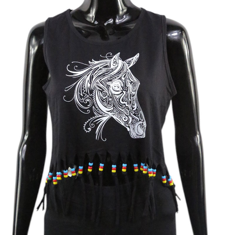 Schwarzes Boho Crop Top mit Pferde-Mandala und Fransen – Festival Damen Top