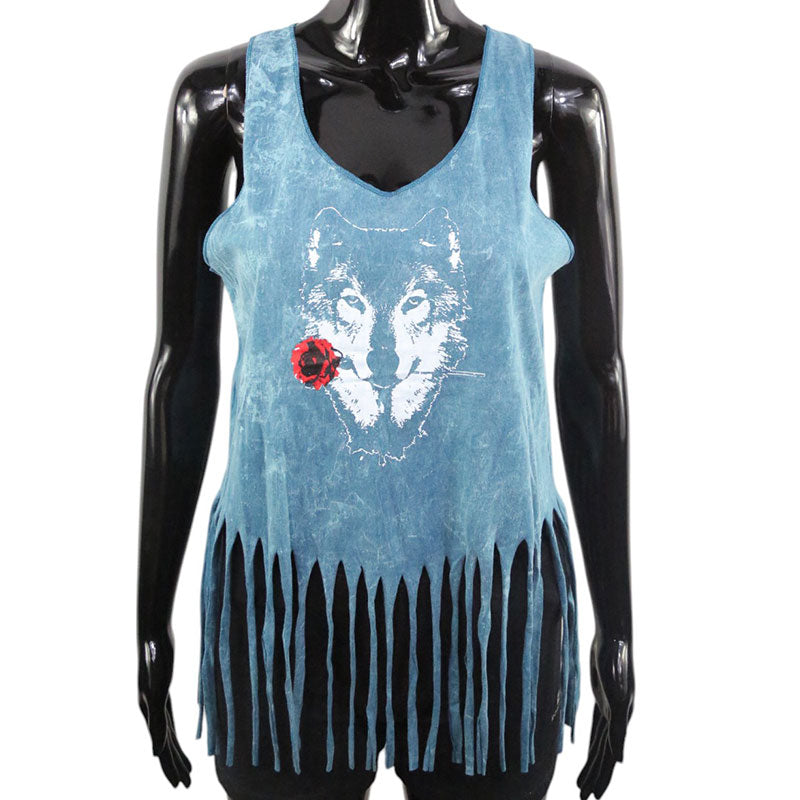 Boho Damen Top Türkisblau | Wolf mit Rose & Fransen-Look