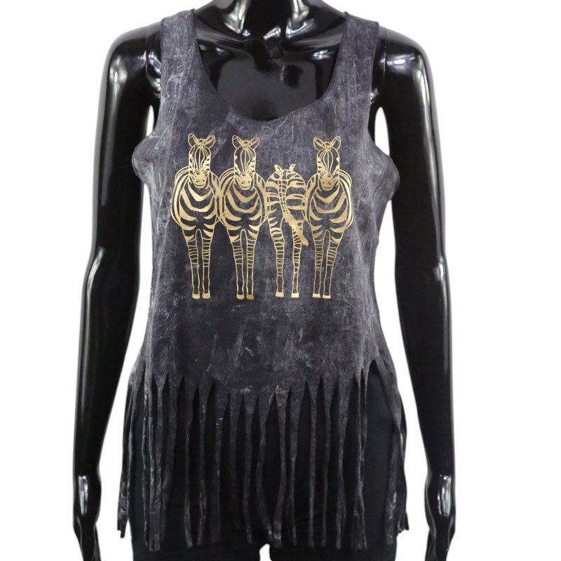 Damen Top 4 Zebras gold auf schwarz/grau batik