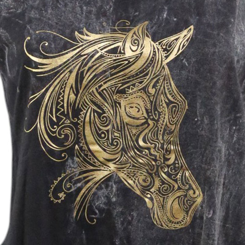 Damen Top Pferdekopf gold auf schwarz batik