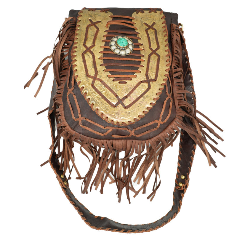 Handgemachte Leder-Umhängetasche im Boho Stil mit Fransen