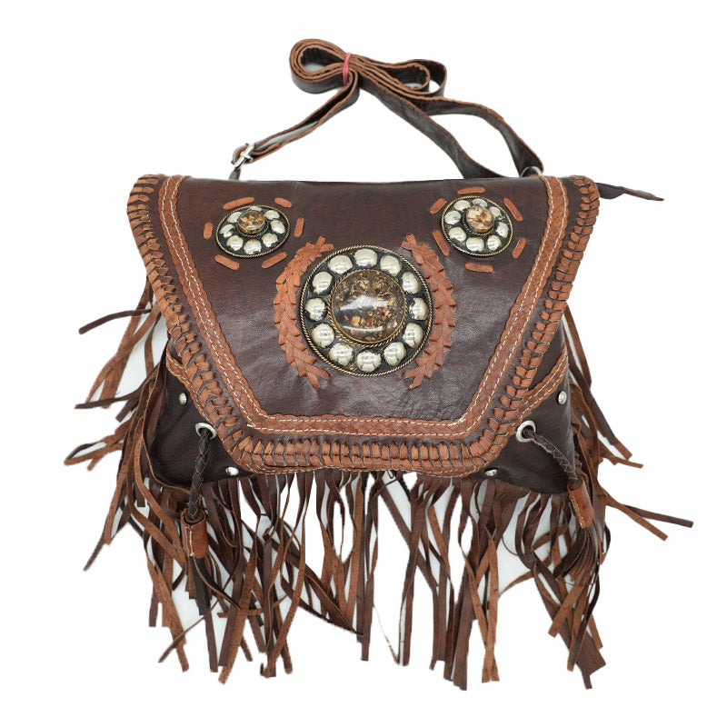 Ethno Schultertasche aus Leder mit Fransen