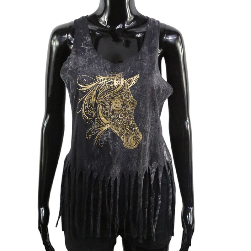 Fransen-Top Schwarz – Goldenes Pferdekopf-Design