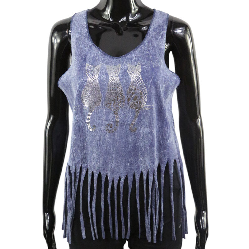 Damen Boho Fransen-Top – Katzenmotiv in Silber | Violett-Blau