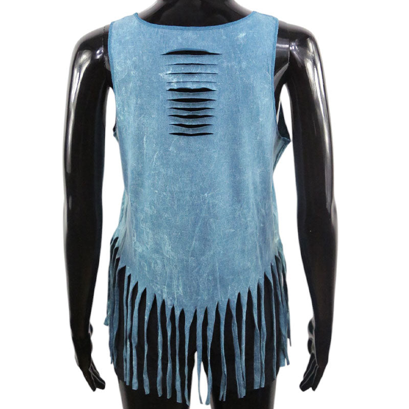 Boho Damen-Top – Türkisblau mit Traumfänger & Fransen