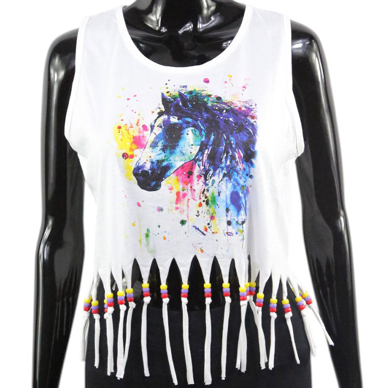 Boho Crop Top mit buntem Pferde-Print & Fransen – Festival Sommer Shirt