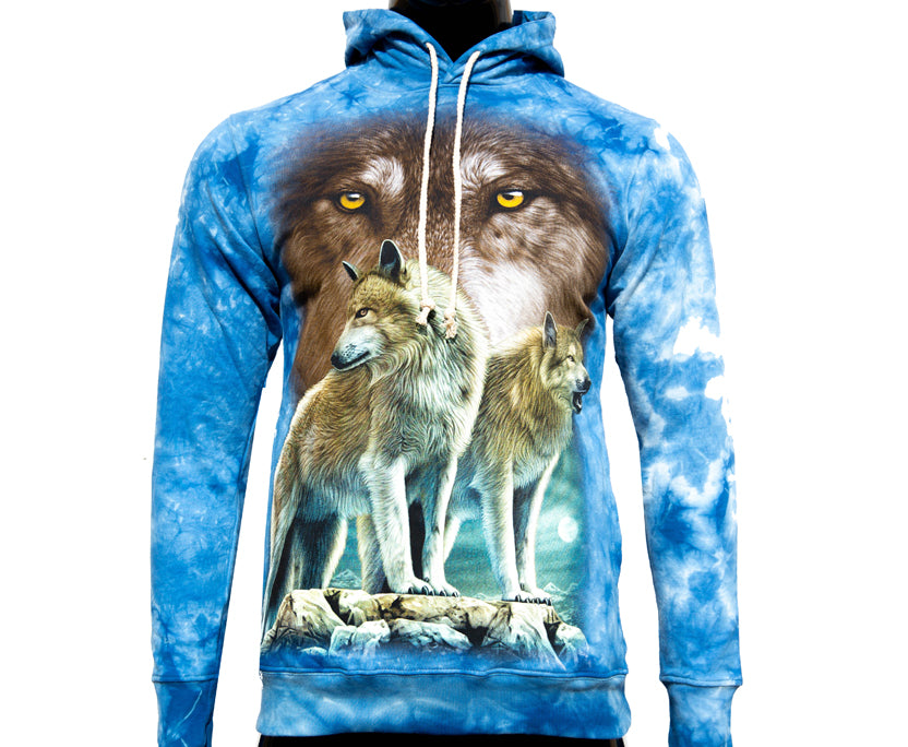 Hoodie „Wolfblick“ – Blauer Kapuzenpullover mit Wolfsdruck