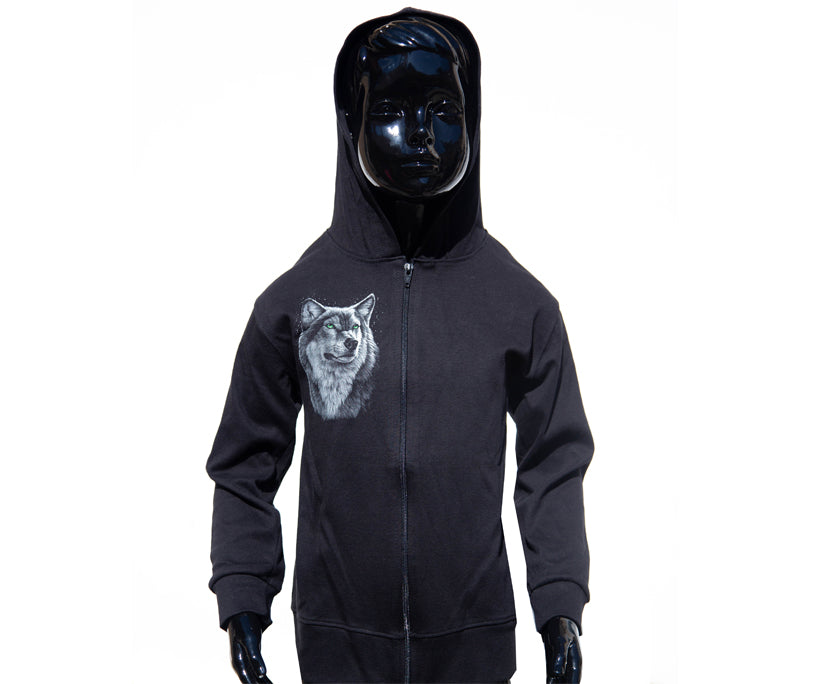 Kinder Zip-Hoodie „Night Wolf“ – Schwarz mit Wolf-Print